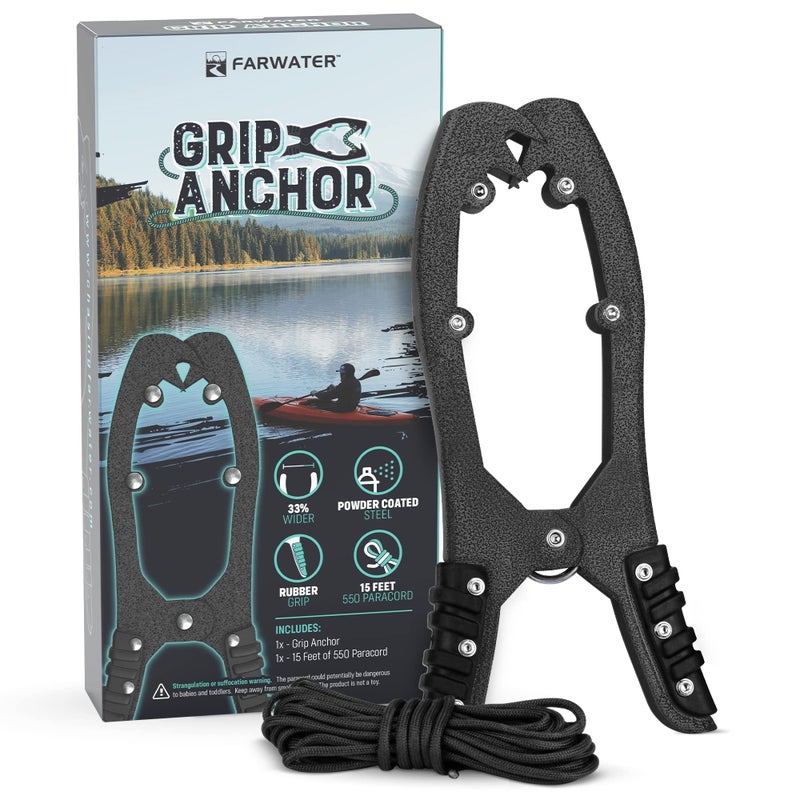FARWATER Canoe Anchor Grip - Boat  Float Tube & Kayak Fishing Accessories  Kayaking Equipment - Brush Clamp Anchor with Teeth - Gripper with 15ft Paracord - Rubber Grips - Coated Steel - Black - Image 1